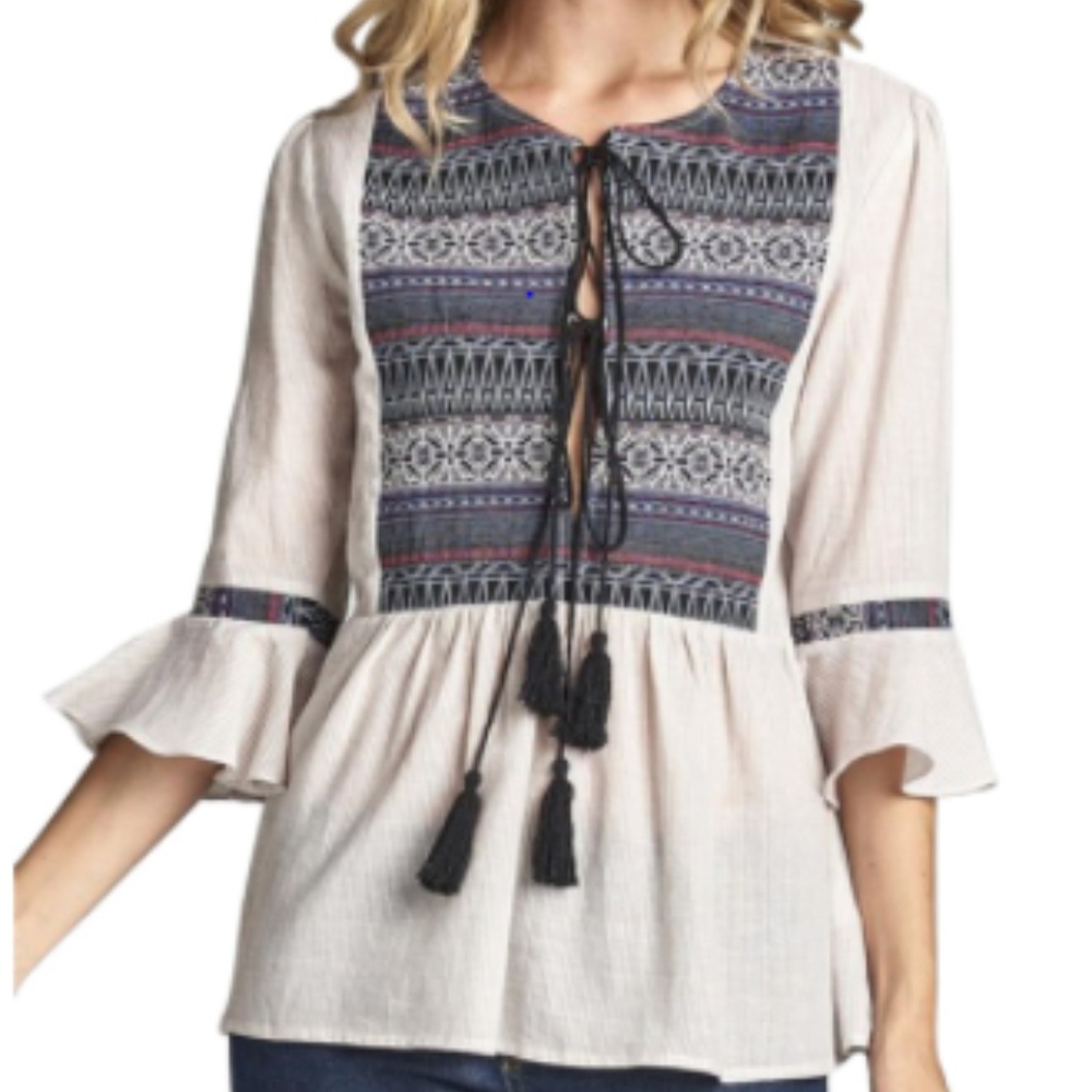 Flowy, striped, tassel tie embroidered front top - Picture 3 of 3
